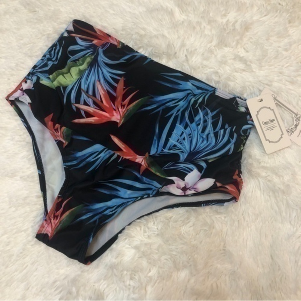 NWT 🏝️ Coeur de Vague High Waist Ruched Tropical Bikini Bottom Blue Red Black L